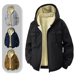 Multi-pocket workwear fleece-lined hooded jacket, featuring a comfortable and casual hooded design with a stylish interior, suitable for winter outings, workwear fashion, and trendy social media looks.