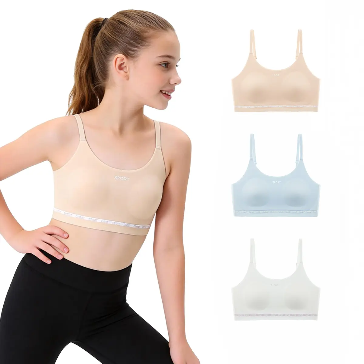 MIANZHI Girls' 3PC Casual Underwear Set Training Bras - High Adjustable Straps, Seamless Wire-Free Fit, Fixed Pads, Crop Cami Design, Cold Wash Compatible