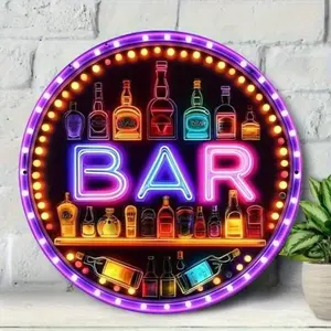 Vintage Neon Bar Light Metal Sign Led Signs with Colorful Bottle Design Round Aluminum Wall Art for Home Pub Cafe Led Neon Lights Led Home Decor