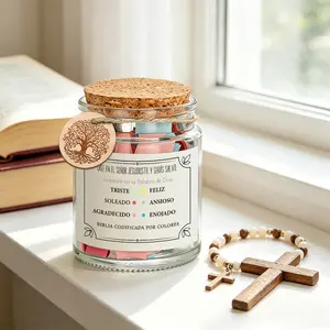 1 Set Spanish Emotional Bible Verse Jar with Color Coded Scripture Cards, Inspirational God’s Word Notes in Spanish for Different Moods, Christian Religious Gift, Leaf Border Print & Tree of Life Charm, Cork Lid Glass Prayer Jar