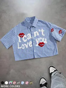 Unisex casual streetwear style "I can't Love you" red lip print plaid shirt, Y2K streetwear cropped top, suitable for streetwear, Y2K outfits, men's gifts, couple outfits, high street culture.