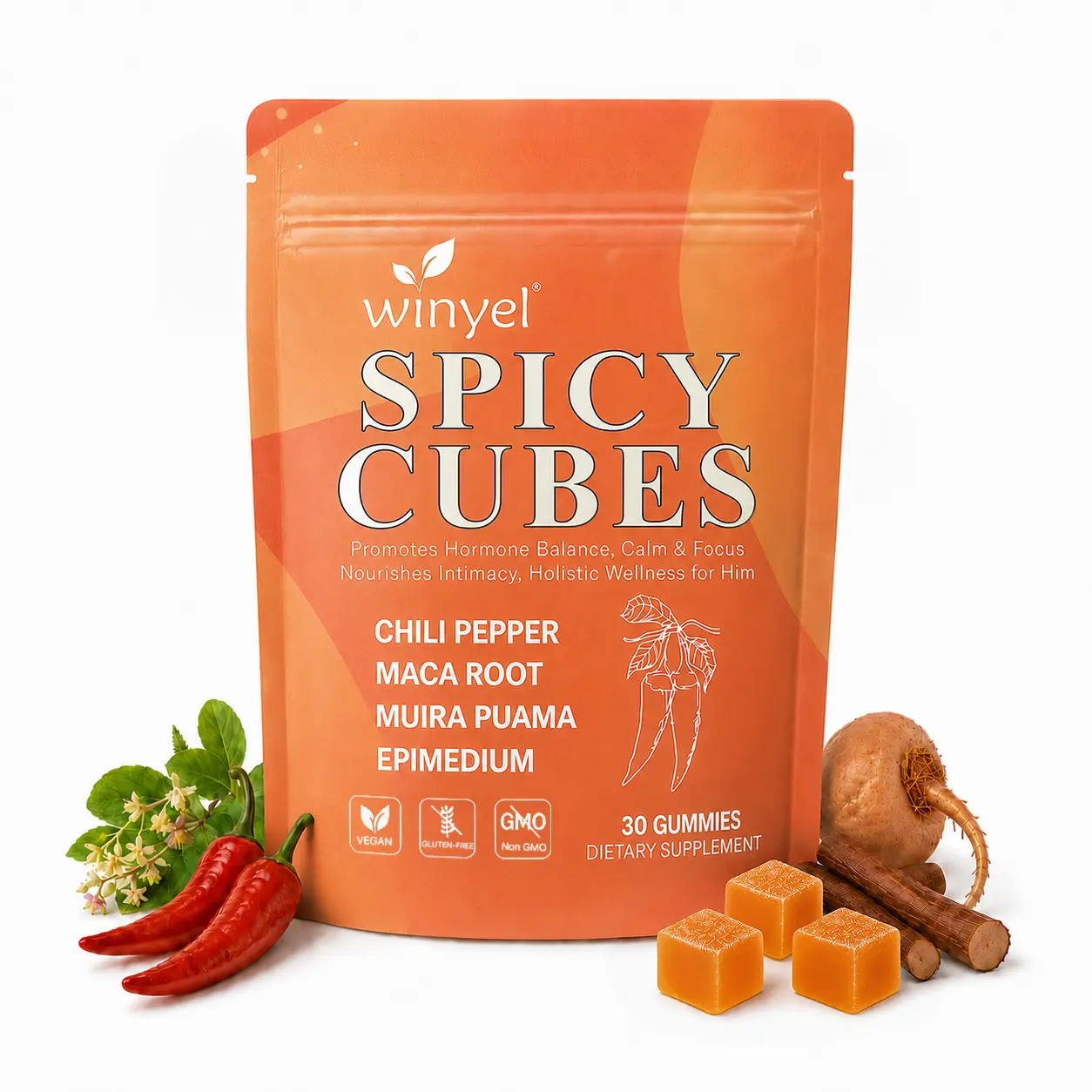 Spicy Cubes, Intimacy Gummies with Chili Pepper, Muira Puama, Maca Root, Epimedium, Helps Promote Hormone Balance, Calmness and Intimacy Wellness, Peach Flavor, 30 Gummies