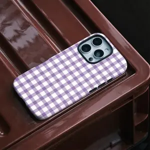 Trendy Purple Checkered Phone Case for iPhone 17, 16PM, 15PM, 13/13 Mini, 12/11, XS Max & 7 SE2 - Shiny 2-in-1 Design