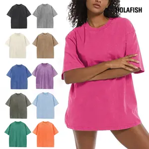 Holafish Unisex Vintage Acid Wash Crew Neck Tee Womens Half Sleeve Loose Fit Solid Cotton T Shirt Comfortable Basic Streetwear Summervibes