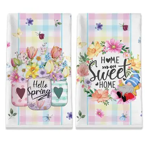 Spring Kitchen Towels, Hello Spring Towels Set of 2, Spring Flowers Dish Towels for Kitchen with Gnome Home Sweet Home Housewarming Gifts Decorations for Home, 18x26 Inches