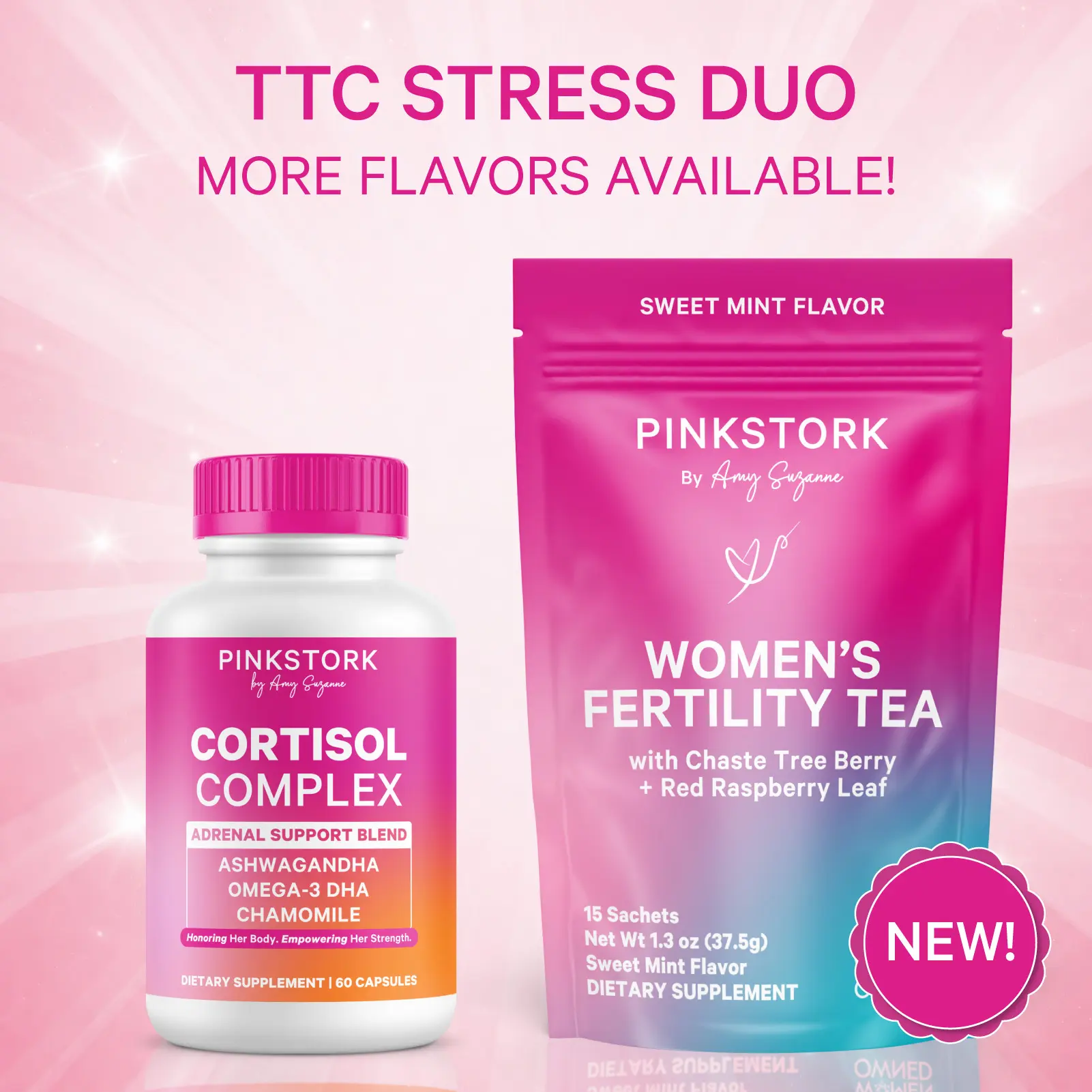 Pink Stork TTC Stress Duo | Fertility Support + Cortisol Complex | Organic Herbal Support | Ashwagandha, Vitex, Omega 3 DHA