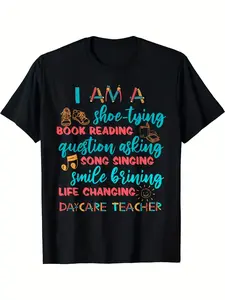 Men's Child Care Teacher & Nursery Worker T-Shirt - Short Sleeve Round Neck Casual Workwear with ' Handprint/footprint Patterns, Machine Washable All-Season Fit for Daycare Staff, Educator Apparel, PLUS SIZE