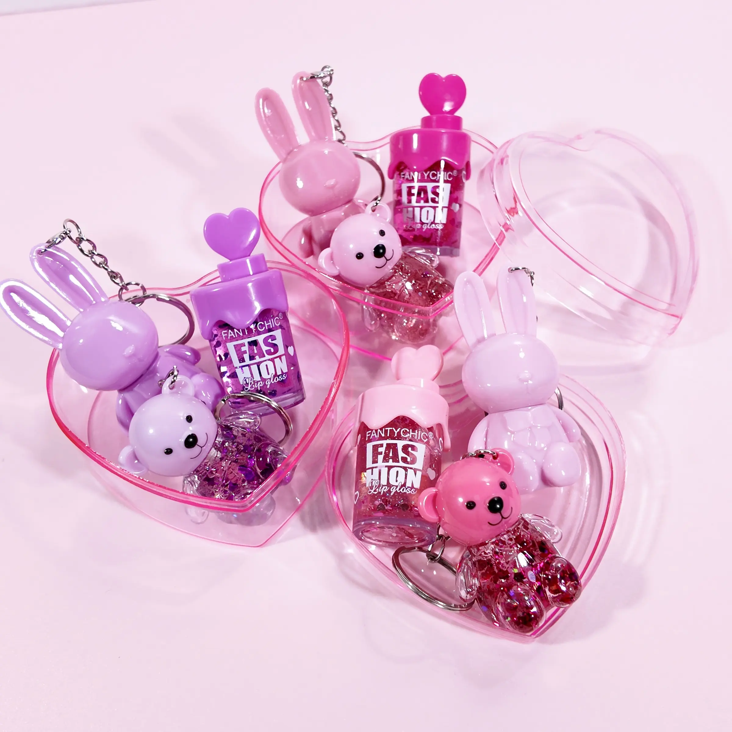 Valentine's Day Heart Lip Gloss Gift Set, 3pcs Mini Cream Bottle, Color Changing Lip Honey, Transparent Bear Mirror Oil, Cute Bunny Matte Lipstick, Lip Makeup Kit, Lip Products Makeup