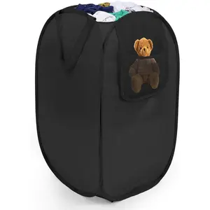 Pop Up Laundry Hamper with Side Pockets, Foldable Laundry Basket Reinforced, Privacy Protection Collapsible Basket, Sturdy and Lightweight Clothes Hamper for Dorm, Bedrooms, Bathrooms, Travel black