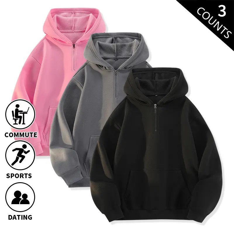 Men’s 3-Pack Solid Color Quarter Zip Hooded Sweatshirts, Oversized Half Zip Pullover Hoodies, Comfortable Long Sleeve Casual Street Tops