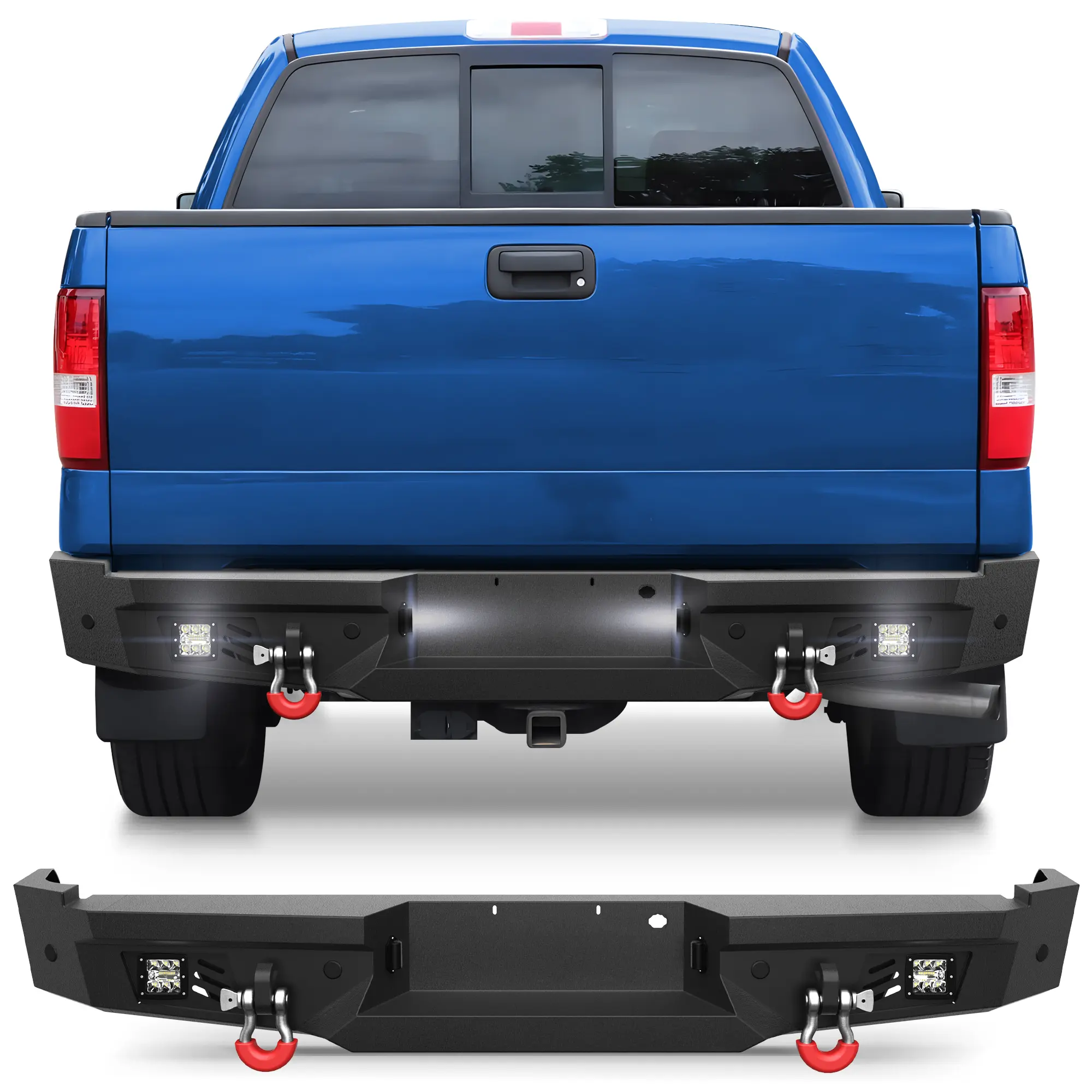 F150 Rear Bumper Full Width for 2006-2008 Ford F150, w/Step Plate, Fog Lights, License Plate Lights and D-rings, Led Lights, Carbon Steel