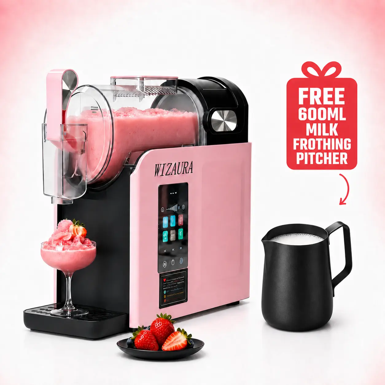 WizAura Pink Frozen Slush Ice Cream Maker - 68oz Large Capacity, No Pre-Freezing Ice Required, 6 Preset Multi-Mode Blend, Auto-Clean Cycle, Digital Temp Display, Ideal for Parties & Holiday Gifts, Frozen Slush Ice Cream Makers