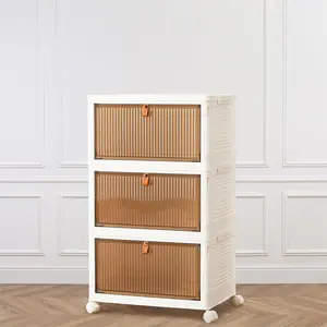 HomeSquad 3 Tiers /  4 Tiers Stackable Plastic Storage Bins with Lid - 23QT Foldable Organizers and Storage with Magnetic Doors & Lockable Wheels, Collapsible Storage Boxes for Living Room, Office, Dorm