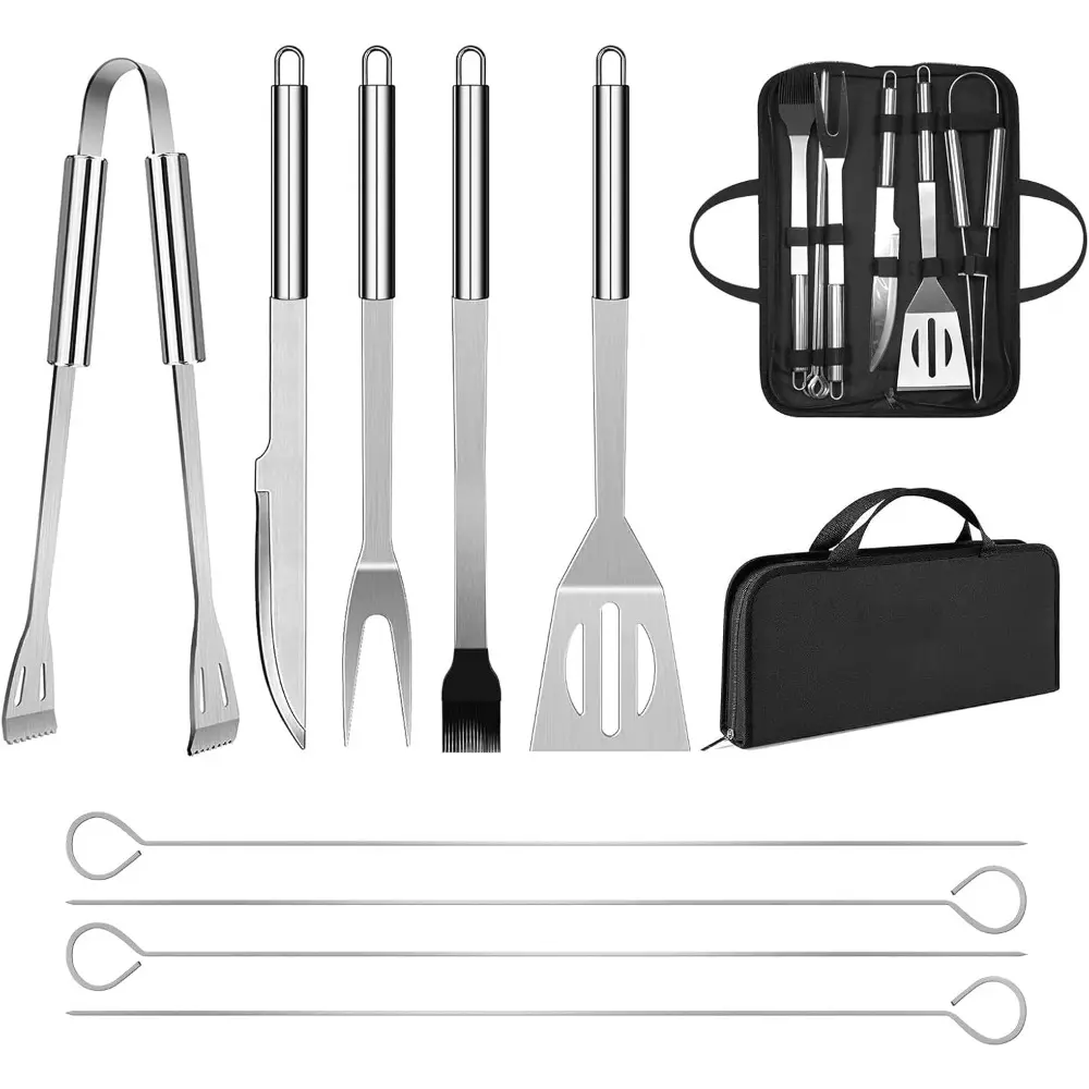 Stainless Steel BBQ Grill Utensil Set with 13.7" Tools, Barbecue Fork, Grill Brush & Bottle Opener - Professional Dishwasher Safe, Ergonomic Handles, Portable Lightweight Carry Bag for Travel Campers Foodies Outdoor Grilling