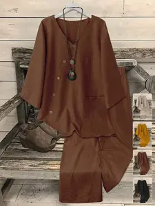 Women's Two-Piece Matching Set V-Neck Top & Wide-Leg Pants, Versatile, Stylish and Comfortable, Perfect for Daily Wear