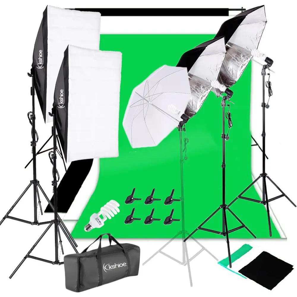 45W Professional Photographic Lighting Kit (Set of 4) - White Umbrella, Silver-Black Umbrella, Soft Light Box, Background Stand, Light Stands