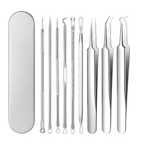 Curved Blackhead Tweezers Kit,9 Pcs Blackhead Remover Comedone Extractor,  Professional Stainless Pimple Acne Blemish Removal Tools Kit