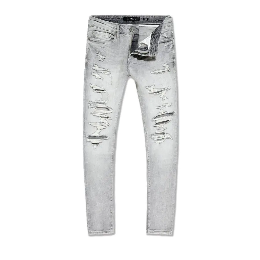 Men's Slim Taper Cement Wash Jeans - Ripped Repaired Stretch Cotton Denim, Vintage Streetwear Aesthetic Menswear Bottoms, Pants, Distress Shred, Engineered Cut, Fused Rip, Slim Taper Fit, Washed, No, Clothes