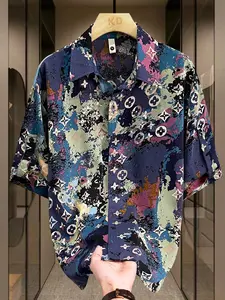 Men's Summer Tropical Casual Short Sleeve Print Collared Shirt, Casual Printed, Trendy Youth Fashion, Single Piece, Perfect for Daily Wear, Comfortable and Stylish