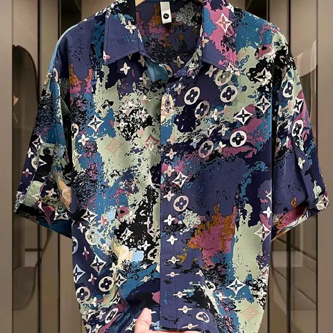 Men's Summer Tropical Casual Short Sleeve Print Collared Shirt, Casual Printed, Trendy Youth Fashion, Single Piece, Perfect for Daily Wear, Comfortable and Stylish, Casual Beach Shirts