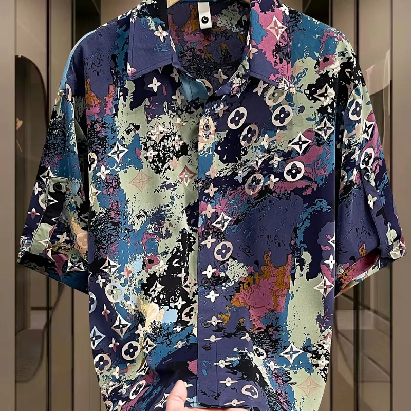Men's Summer Tropical Casual Short Sleeve Print Collared Shirt, Casual Printed, Trendy Youth Fashion, Single Piece, Perfect for Daily Wear, Comfortable and Stylish, Casual Beach Shirts