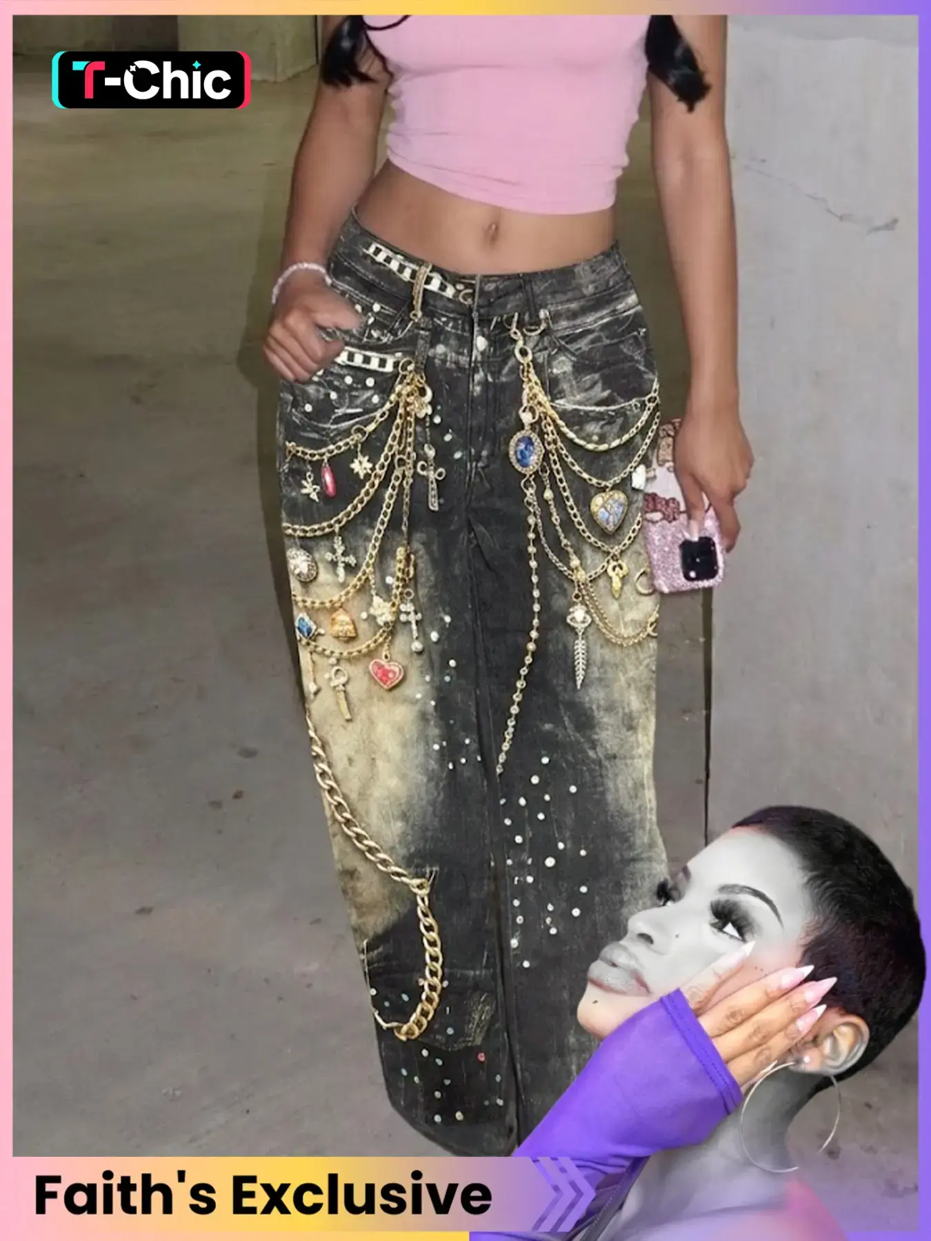 Women's High Waisted Dark Acid Wash Wide Leg Denim Jeans Button, Hand-Painted Chain & Charm Embellished, Edgy Punk Rock Streetwear for Festivals, Casual Streetwear Jeans
