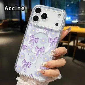 Clear Phone Case for iPhone 17 16  Pro Max Plus 15 14 13 12 11 Air E Lavender Bow Florals  Pattern Magnetic Sunction Acrylic Back Full Body Protective Cover