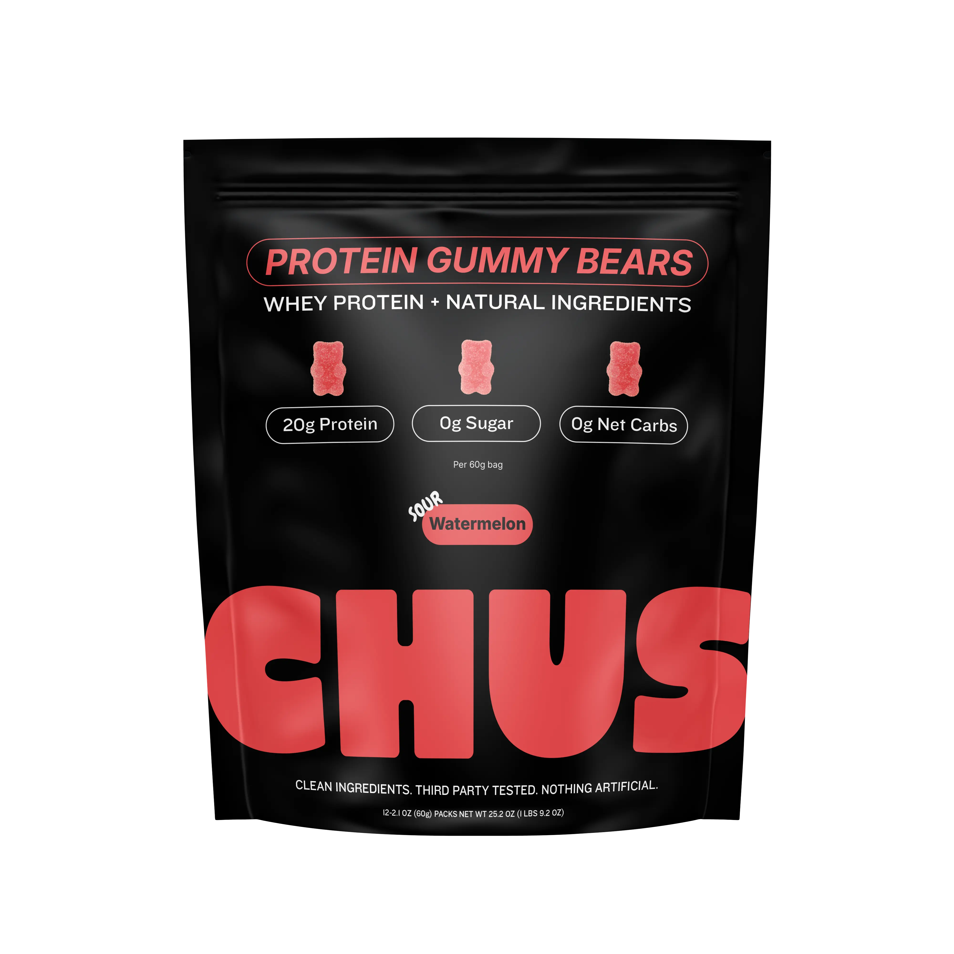 Chus Protein Gummy Bears | 20g of Whey Protein Isolate per Pack | 12-Pack Sour Watermelon Flavor