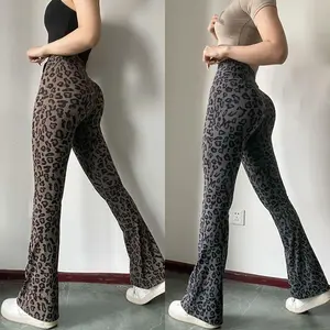 Extended Leopard Print Yoga Pants Breathable Legs Long Slightly Pulled Pants High Waist Sports Pilates Mopping Pants Tight