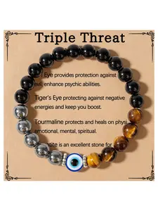 Round Bead Devil Eye Healing Crystal Bracelet, Triple Energy Protection, Includes Guardian Card, Personalized Amulet Hand Accessory