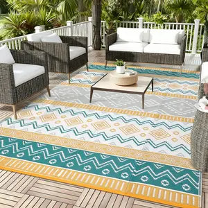 Modern Geometric Pattern Outdoor Rug Washable UV Resistant Bohemian Style Double-sided Reversible Plastic Straw Rug for Balconies Gardens Patios Beaches RVs and Picnics