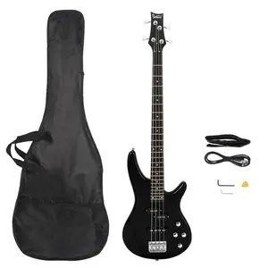Full-Size 4-String Black Electric Bass Guitar Kit - Split Single-Coil Pickup, Fixed Chrome Bridge, Acoustic Styling, Included Accessories - Festival Gift for Beginner Starters
