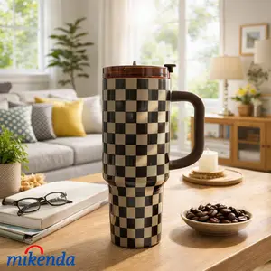 1pc 40oz Plaid Stainless Steel Insulated Tumbler, Vacuum Insulated Cup, Insulated Drinkware, With Handle, Lid And Straw, Brown Checkered, Portable Travel Mug, Ideal For Office And Home Use, Perfect Gift For Friends On Holidays