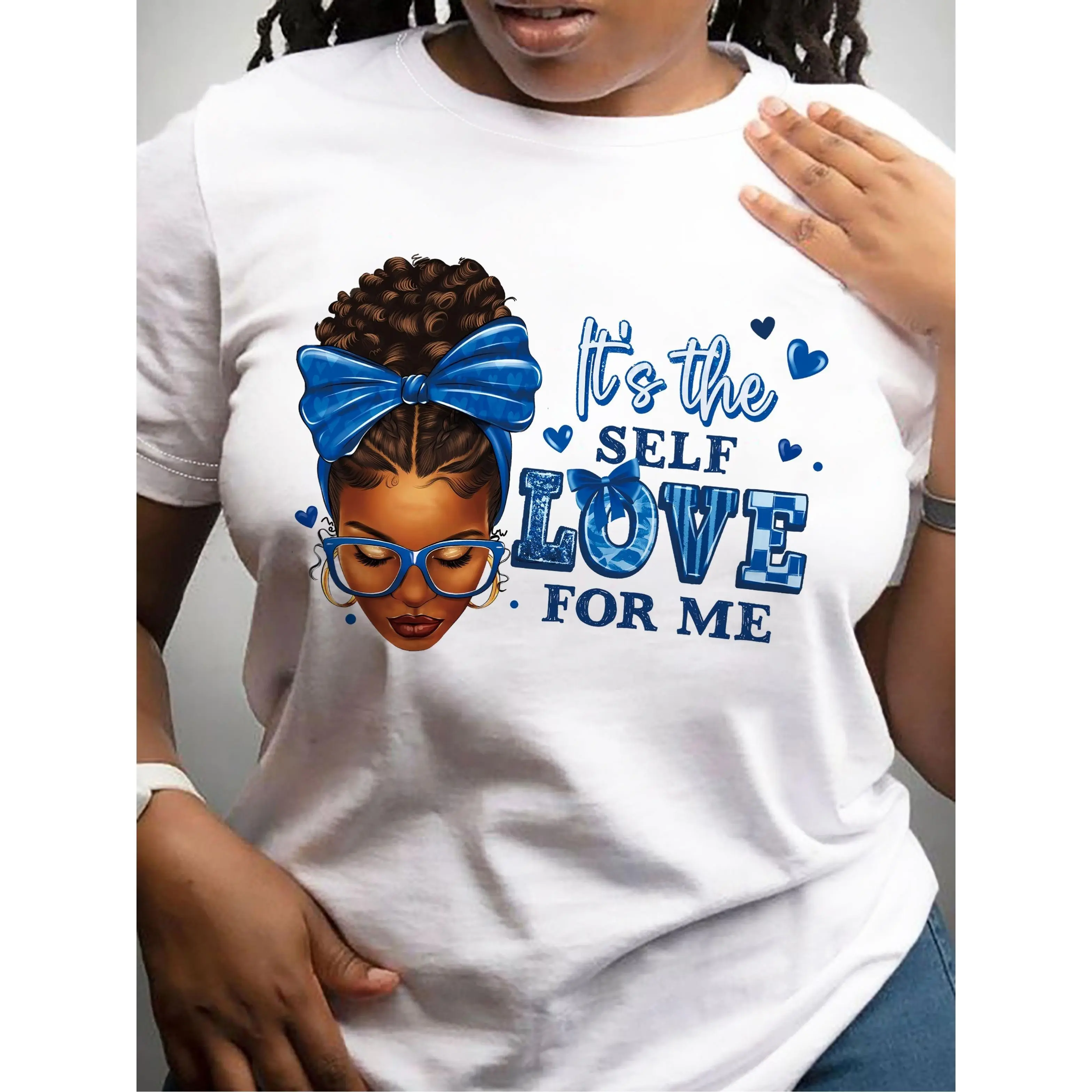 Feminist black T-shirt with "This is Self-Love for Me" and cartoon pattern - breathable crew neck short-sleeved T-shirt, machine washable, regular version is suitable for casual wear, spring, summer and autumn wear