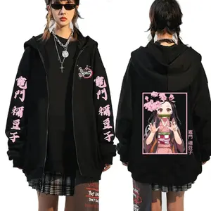 Anime Demon Slayer Kamado Nezuko Kamado Tanjirou Print Zipper Hooded Sweatshirt Fall Winter Fashion Casual Fleece Jacket Coat