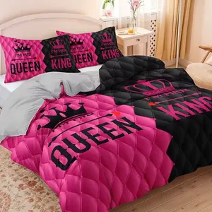 This 3-piece couple's bedding set, Soft Bedding Sets, features a king and queen print, including 1 duvet cover and 2 pillowcases (filling not included). The design boasts a heart-shaped crown pattern in contrasting pink and black