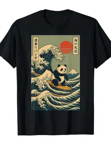 Men'S Japanese Anime Surfing Panda & Great Wave off Kanagawa Graphic T-Shirt - Retro Manga Design with Japanese Text, Loose Fit Casual Short Sleeve Crew Neck Tee for Surfing, Japanese Culture & Anime Fans, Machine Washable, Ideal Gift for Manga Lovers, Fe