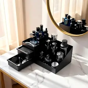 Modern Vanity Organizer for Men's Grooming - Black Perfume Display Case with 3 Layers, Save Space on Dresser & Bathroom
