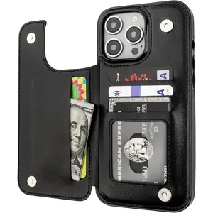 Oupeigar PU Leather Customized Wallet Cover for iPhone 16 Pro Max - Black Phone Accessory with Card Holder, Kickstand, Shockproof Protection