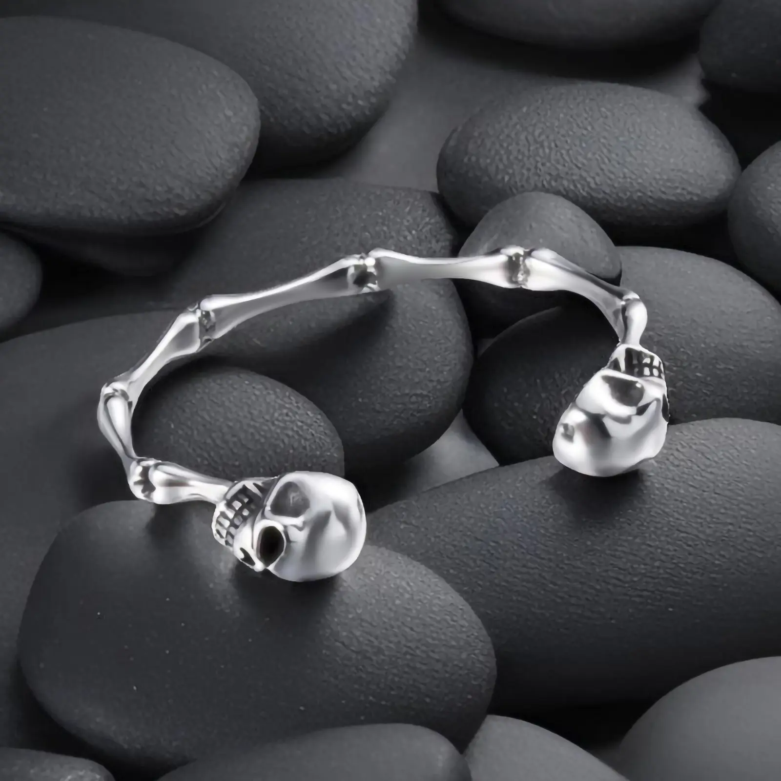 Stainless Steel Double Skull Skeleton Bone Cuff Bracelet, Vintage Gothic Adjustable Open Bangle, Punk Biker Rock Unisex Silver Bracelet, Halloween Dark Aesthetic Jewelry Gift for Men Women