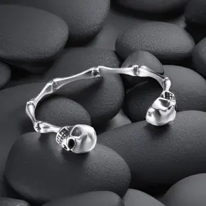 Vintage Gothic Skull Cuff Bracelet Skeleton Bones Bracelets Stainless Steel Silver Biker Jewelry Adjustable