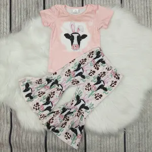 Easter Fashion Alert 2 Piece Western Cactus Cow Pink Set for Girls,Kids Clothes,Spring Style