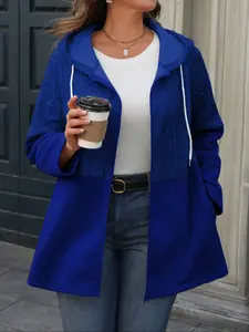 Women's Plus Size Fitted Hooded Long Sleeve Knit Sweater Patchwork Fleece Jacket, Casual American Style, Colorblock Lining, Drawstring Design