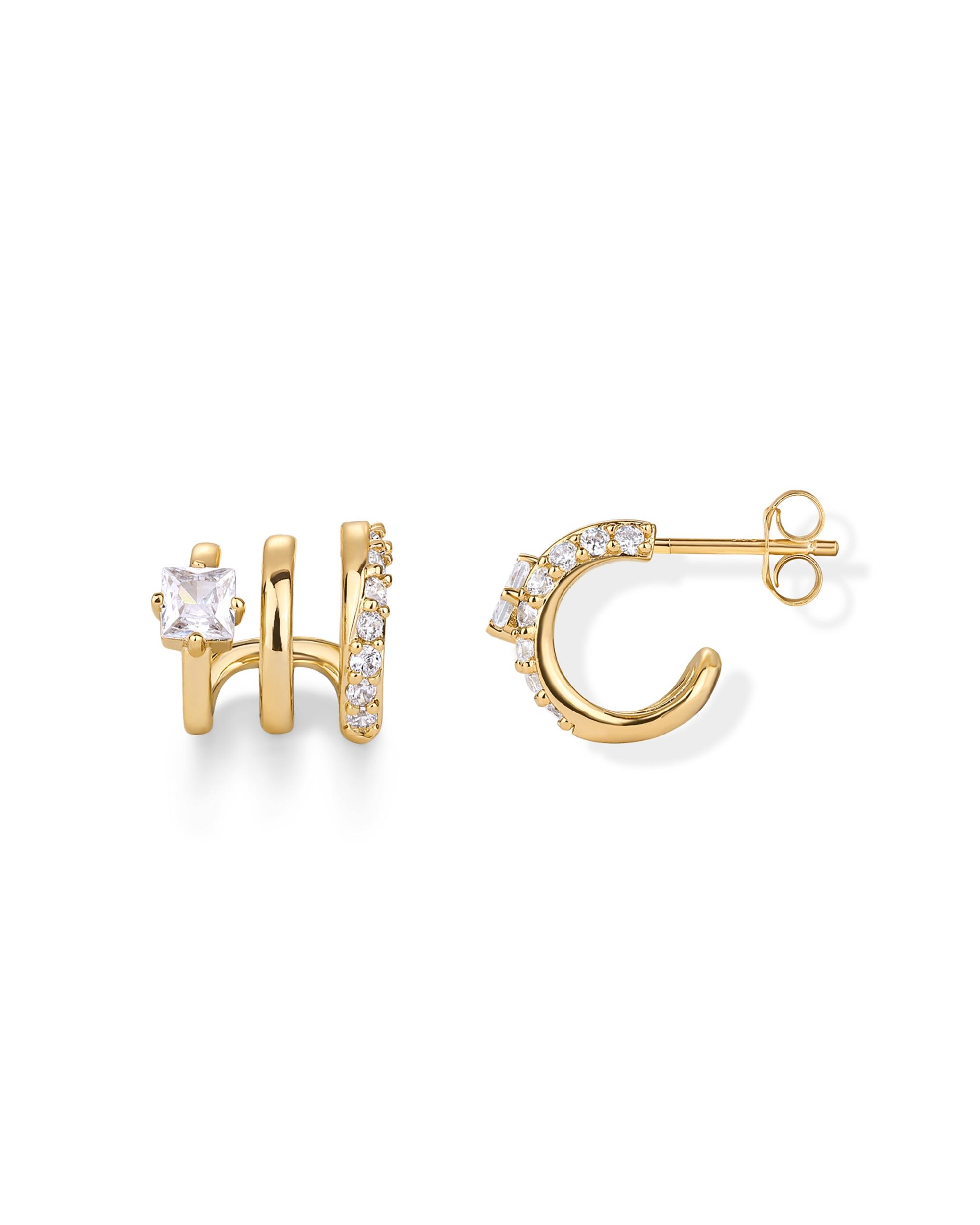 PAVOI 14K Gold Plated Sterling Silver Posts Cubic Zirconia Segment Triple Hoop Earrings for Women - Statement Triple Hoop Stud Earrings