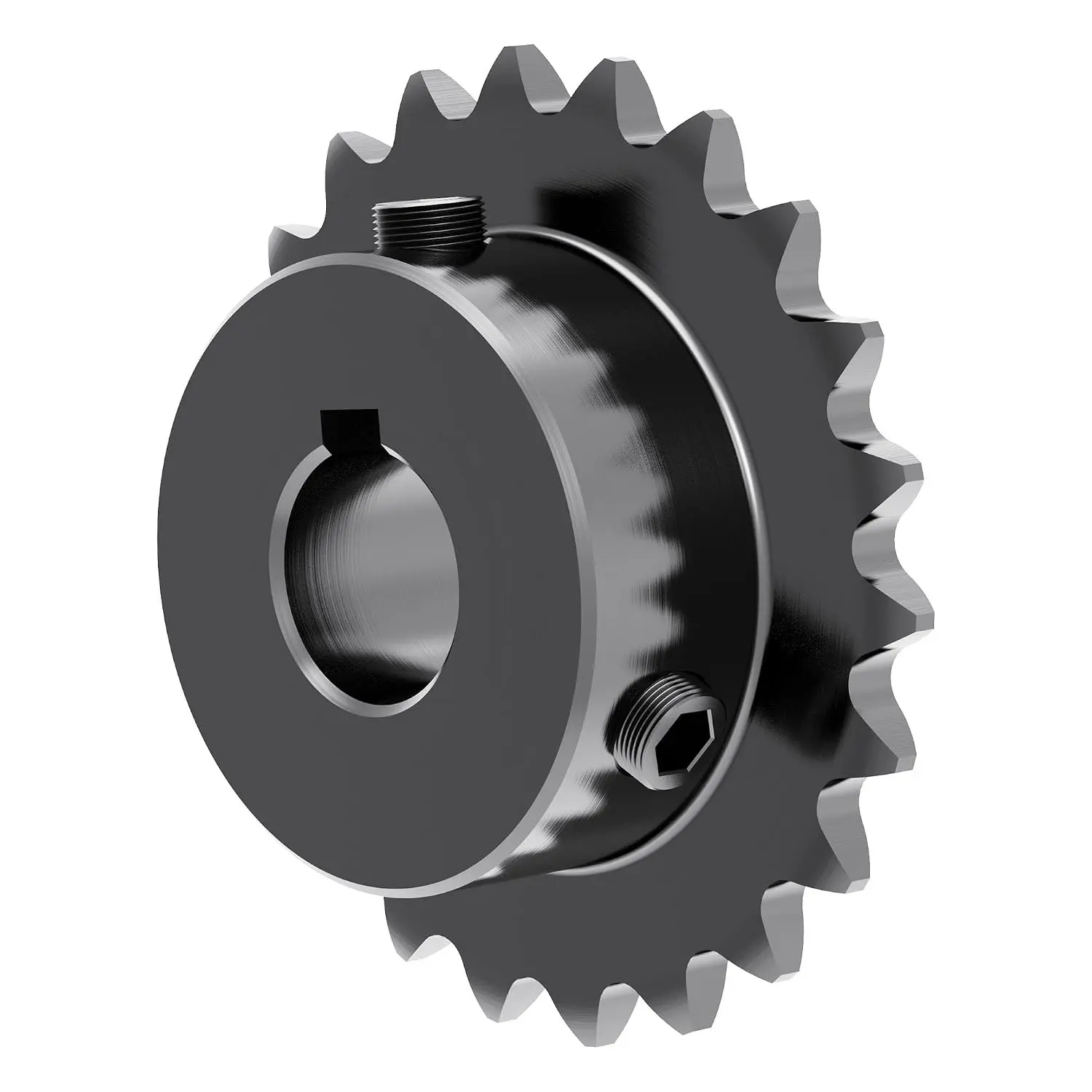22 Tooth Roller Chain Sprocket, 25 Chain, 14mm Bore, Kw | B Type Hardened Teeth, Sigle Strand, 1/4" Pitch, Black Oxide 1045 Carbon Steel with Fasten Screws for 04C Chain