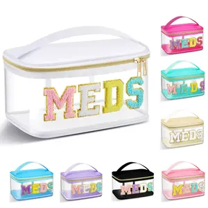 Stylish Black Chenille Letter Patch MEDS Bag Transparent Travel Medicine Organizer Waterproof Nylon Portable Storage for Patients Nurses