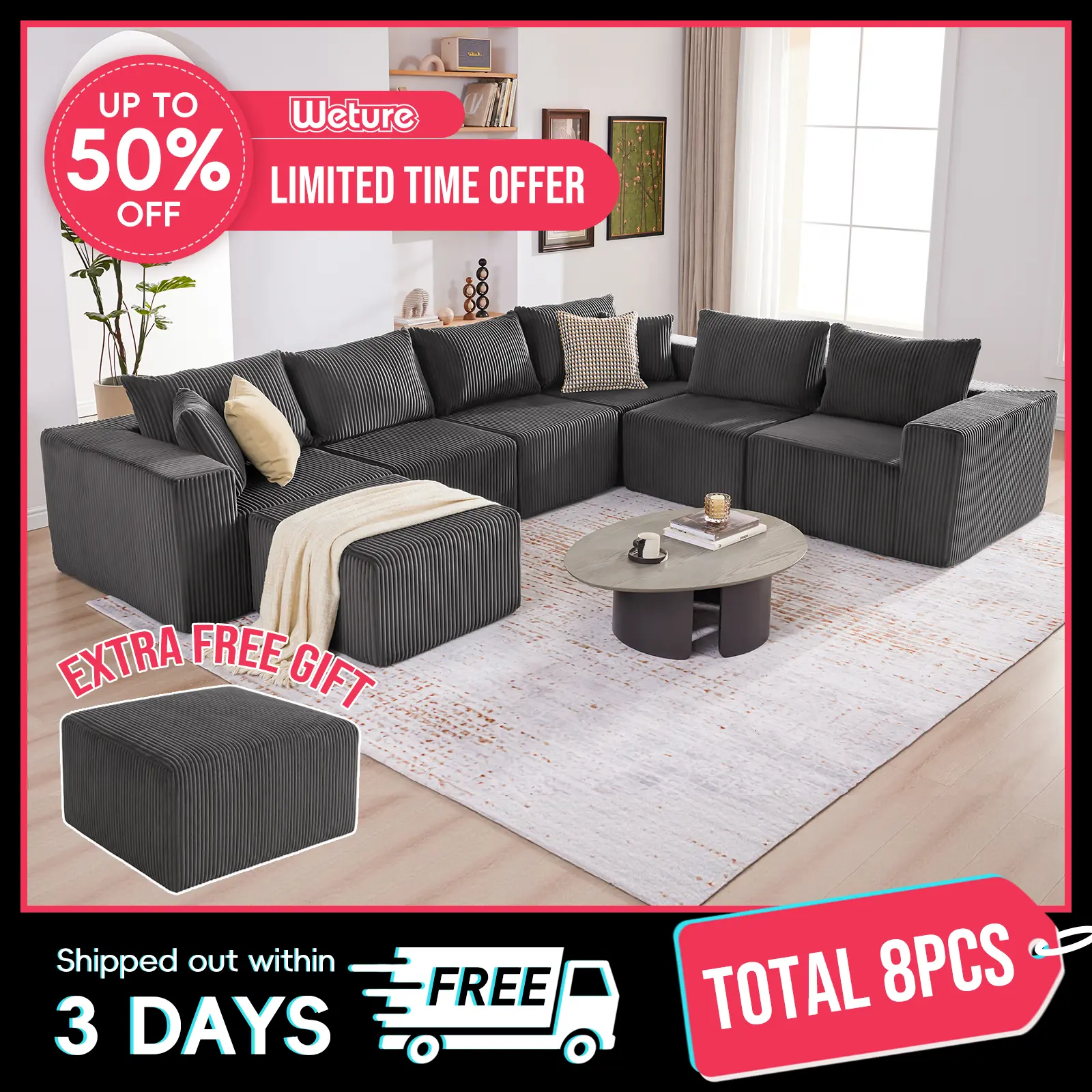 【4 packages】135.4" Cloud Couch Sectional, Sectional Sleeper Sofa with Deep Seat, Plush Corduroy U Shaped Boneless Couch, Convertible Modular Couches for Living Room, 7Seat