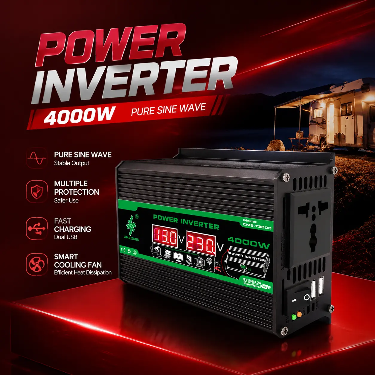 4000W Power Inverter DC to AC 110V Car RV Solar Converter Dual Digital Display, Multi Socket & Dual USB Charging Ports With Battery Clips Cigarette Lighter Cable For Camping Off-Grid Emergency Power
