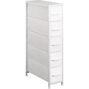 Narrow Dresser Storage Tower with 5 Drawers, Slim Dresser Chest of Drawers with Steel Frame, Wood Top, Dresser for Bedroom, Bathroom, Small Spaces, Laundry, Closet, White