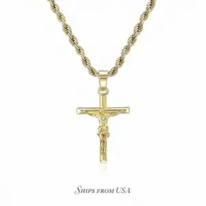 14K Gold-Plated Jesus Christ Cross Pendant Necklace, Stainless Steel Unisex Design, Perfect Religious Jewelry for Everyday Wear, Premium Quality & Timeless Style
